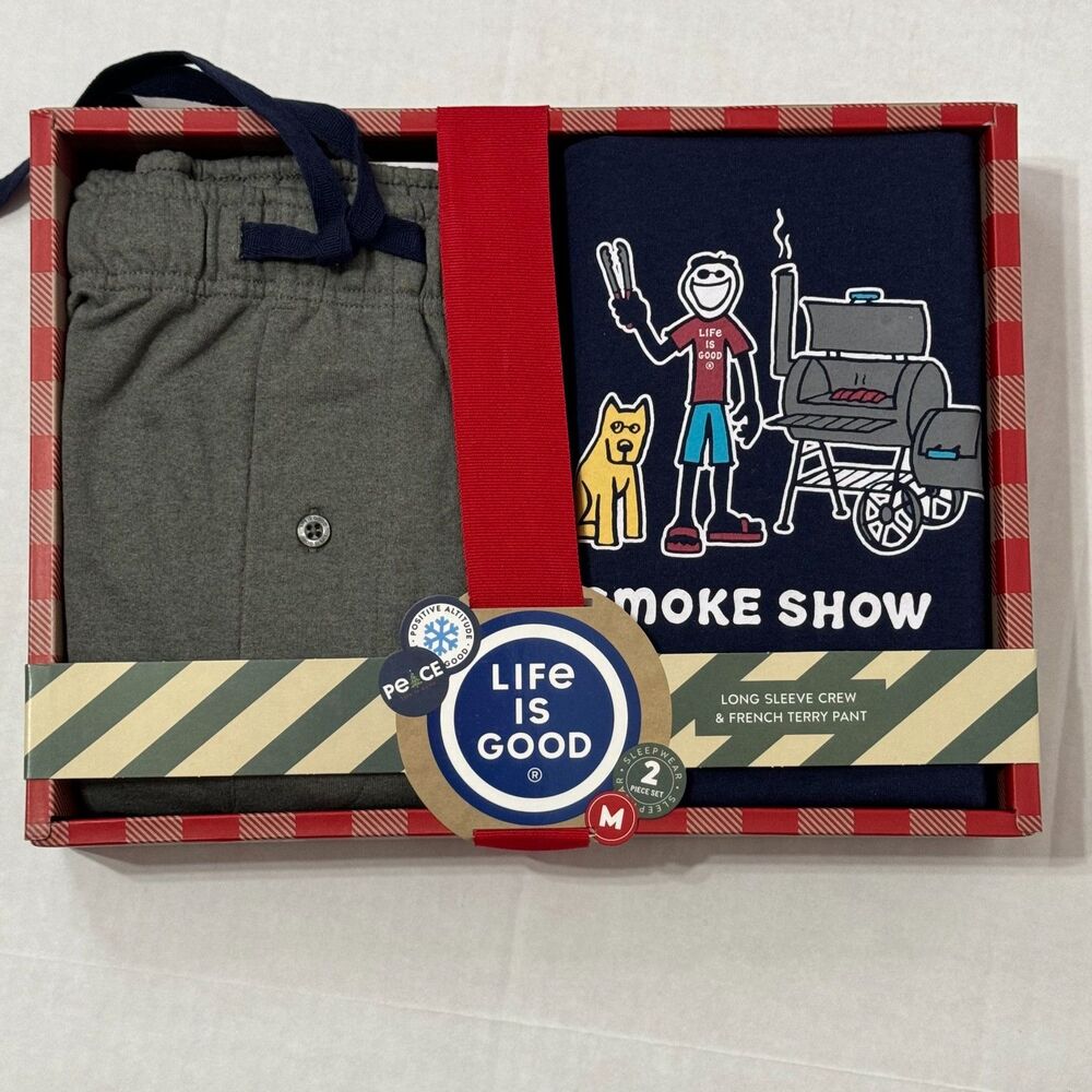 Life Is Good Pajama Set NWT Sz M Navy Grey Long Sleeve Crew/French Terry Pant - Picture 3 of 13